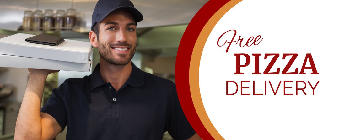 Cheerful Delivery Person Advertising Free Pizza Delivery