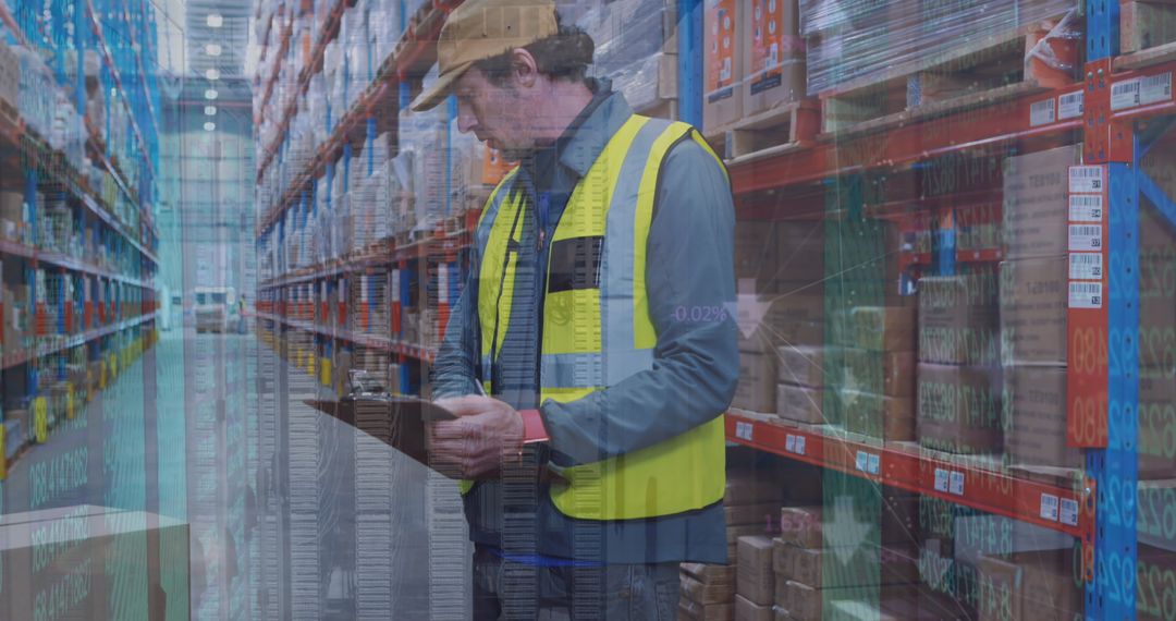 Warehouse Worker Checking Inventory in Distribution Center
