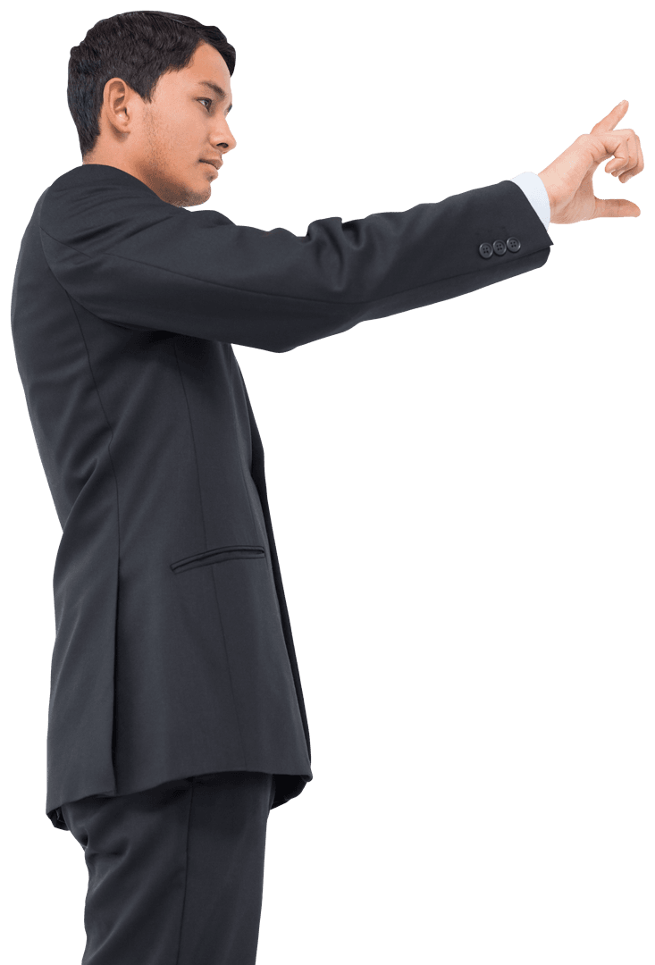 Focused Asian Businessman Pointing Finger on Transparent Background