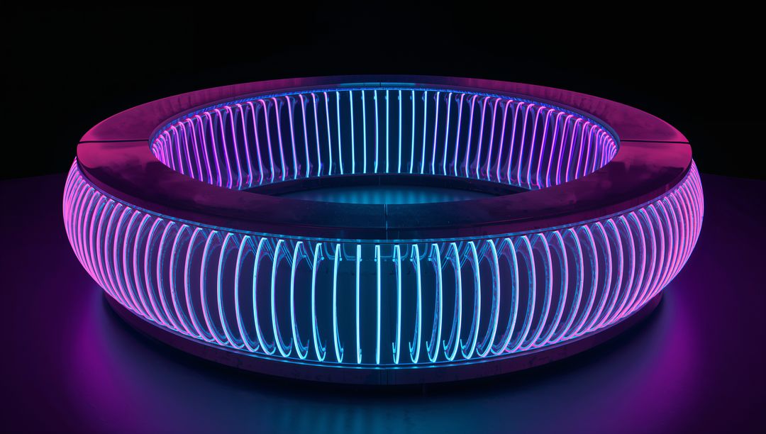 Neon Torus Sculpture Emitting Magenta and Cyan Glow with Vertical Ribbed Design
