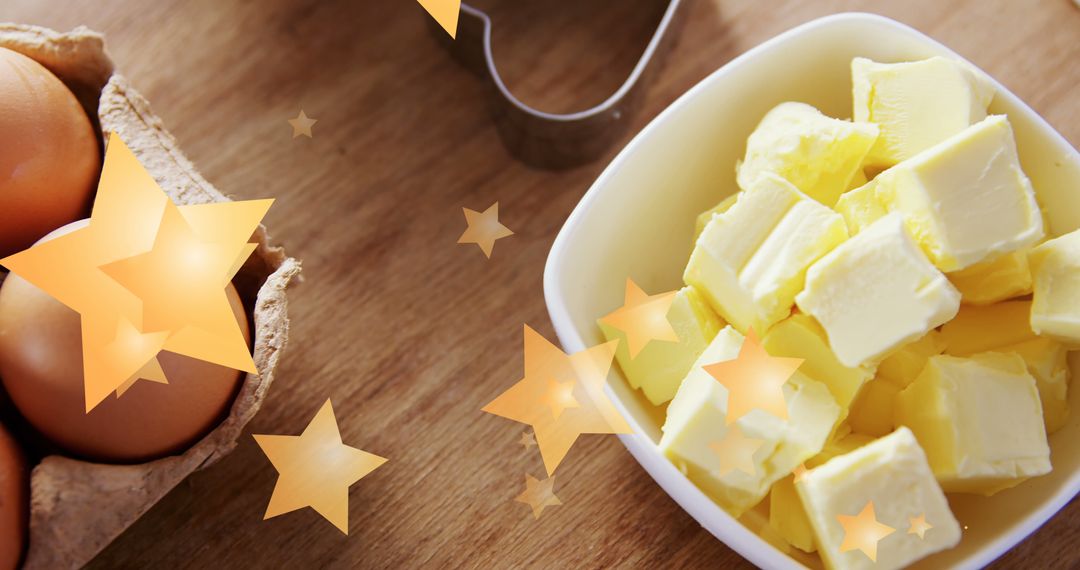 Butter and Eggs with Floating Stars for Nutrition Concept