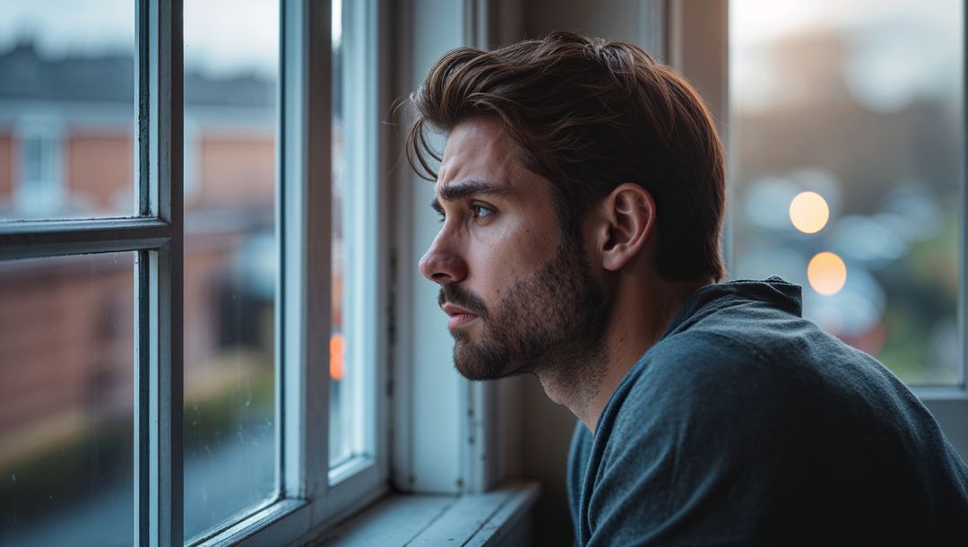Pensive Man Gazing Through Window in Urban Setting
