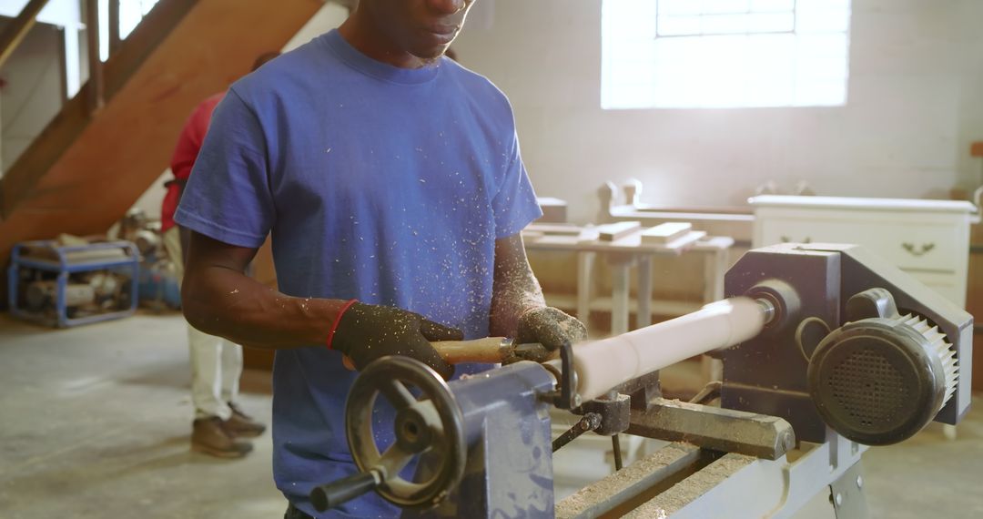 Artisan Woodturning in Workshop with Protective Gear