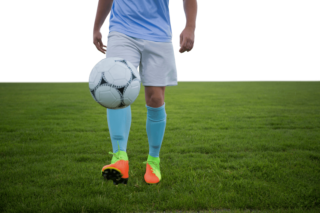 Male Soccer Player Balancing Football on Transparent Field