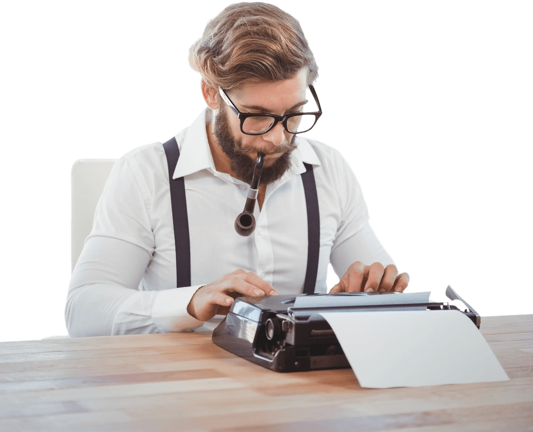 Transparent Hipster Writer Using Typewriter in Modern Office