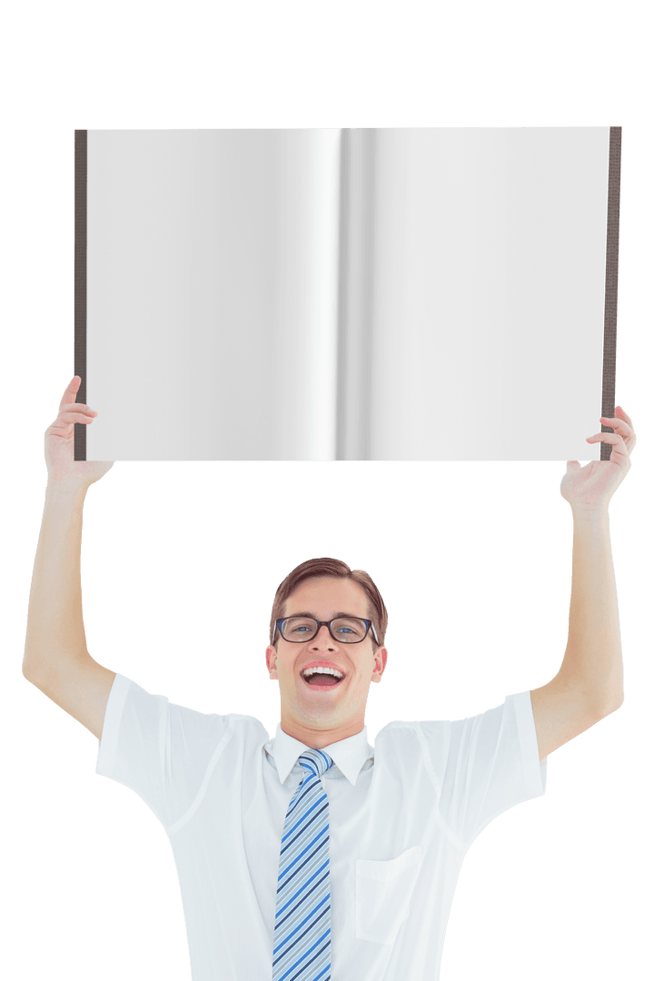 Smiling Businessman Holding Blank Open Book Transparently