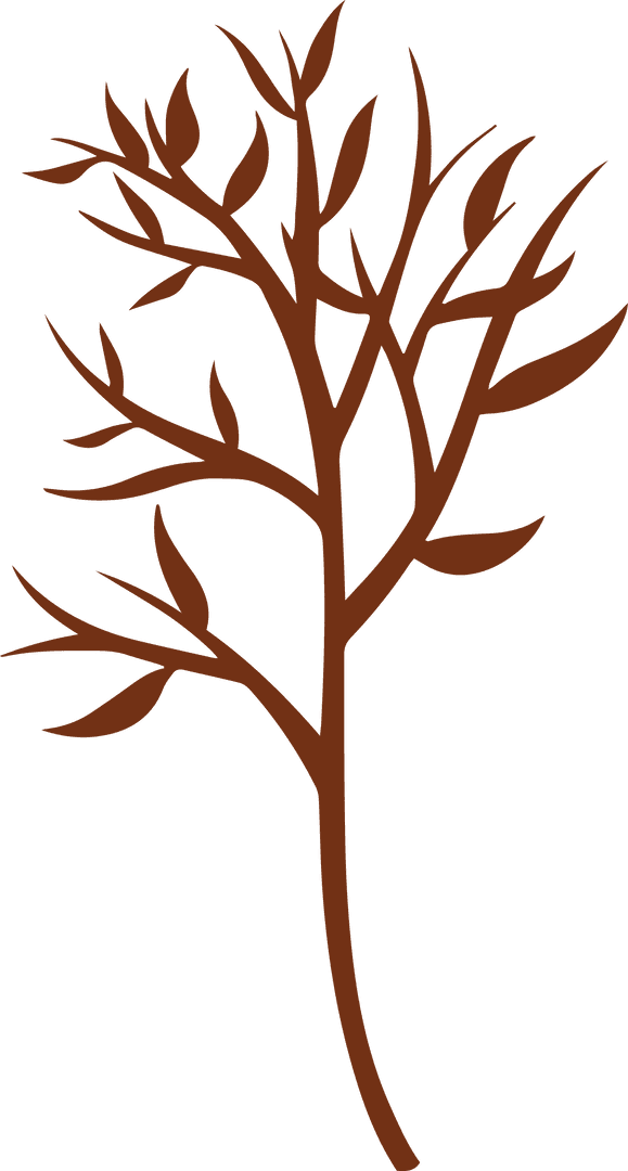 Stylized Brown Branch with Leaves Silhouette on Transparent Background