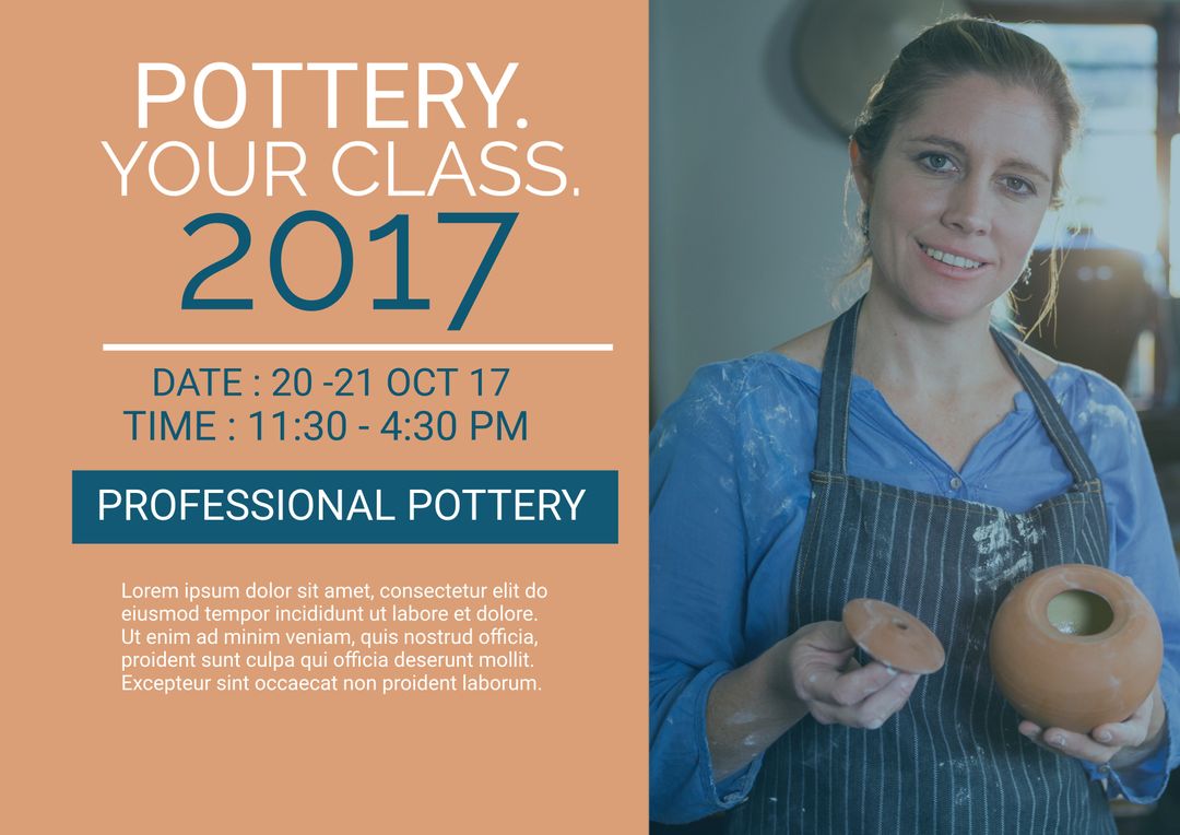 Smiling Woman Promoting Creative Pottery Workshop