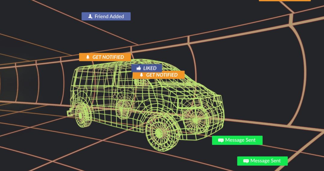 Futuristic 3D Van with Digital Notifications in Virtual Tunnel
