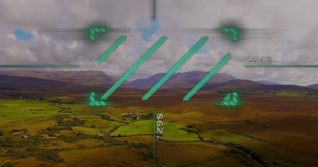 Green HUD Overlay on Rural Aerial Valley Navigation Technology