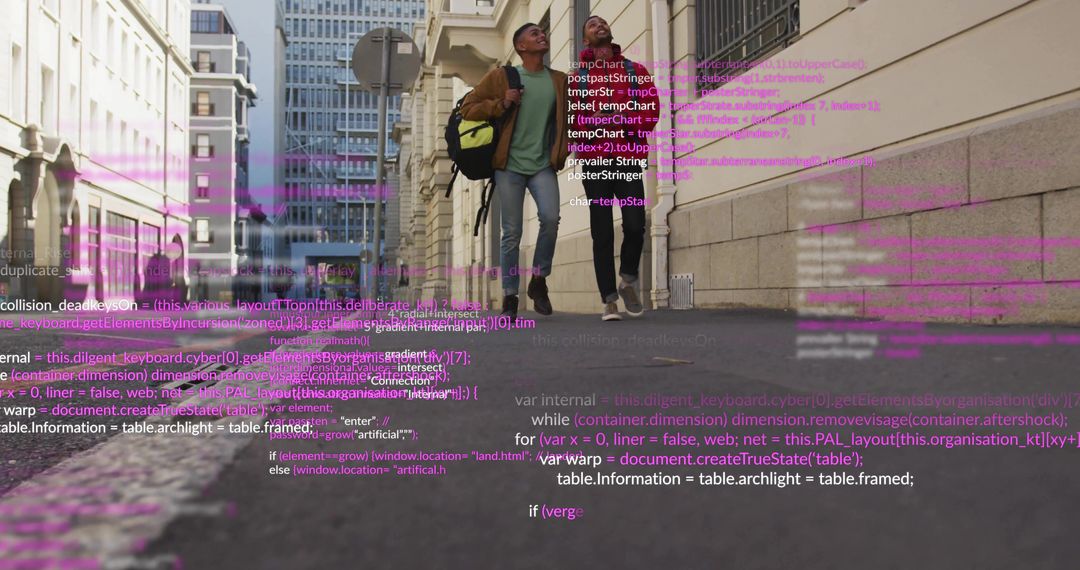 Young Developers Walking through City with Digital Code Overlay