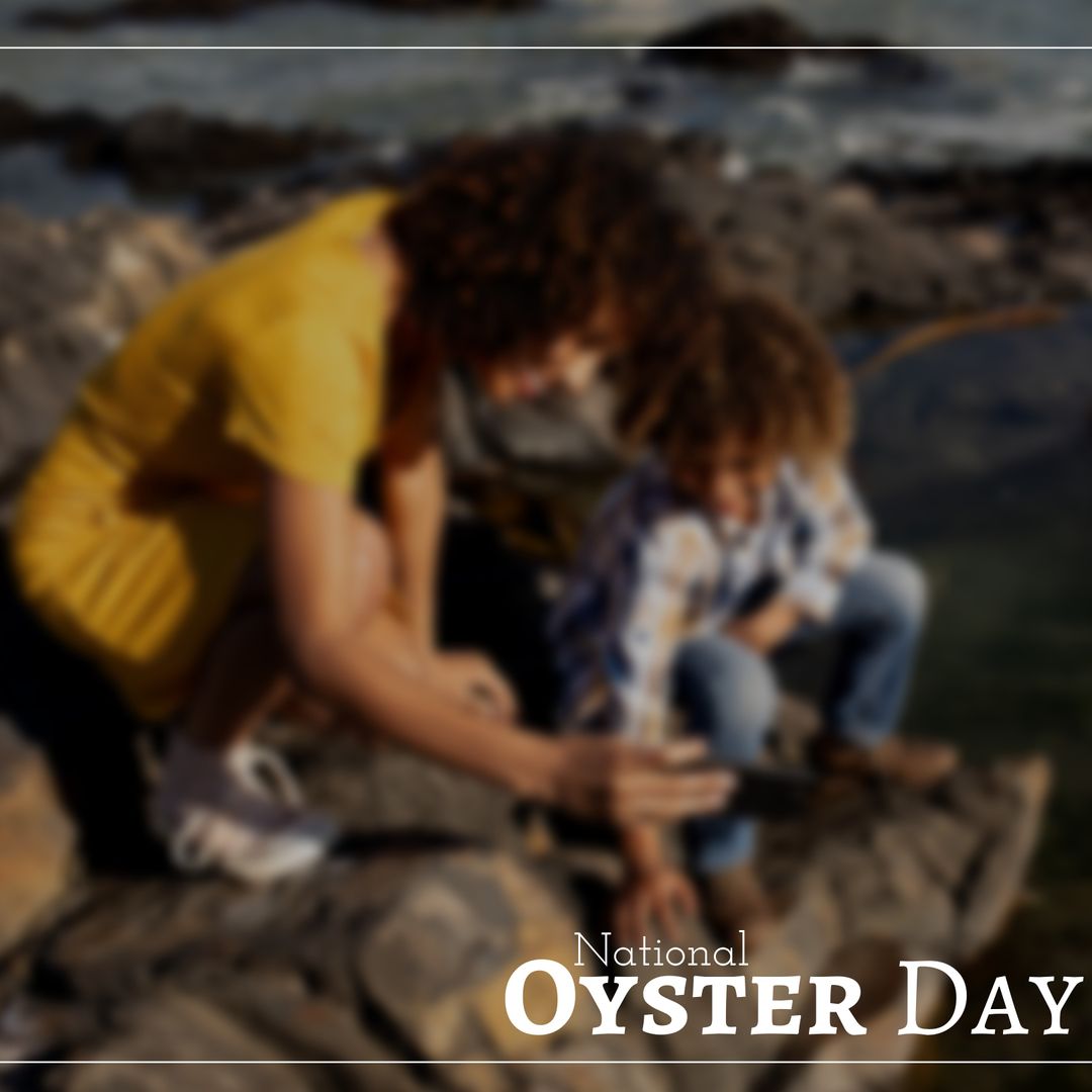 Mother and Son Celebrating National Oyster Day by the Beach