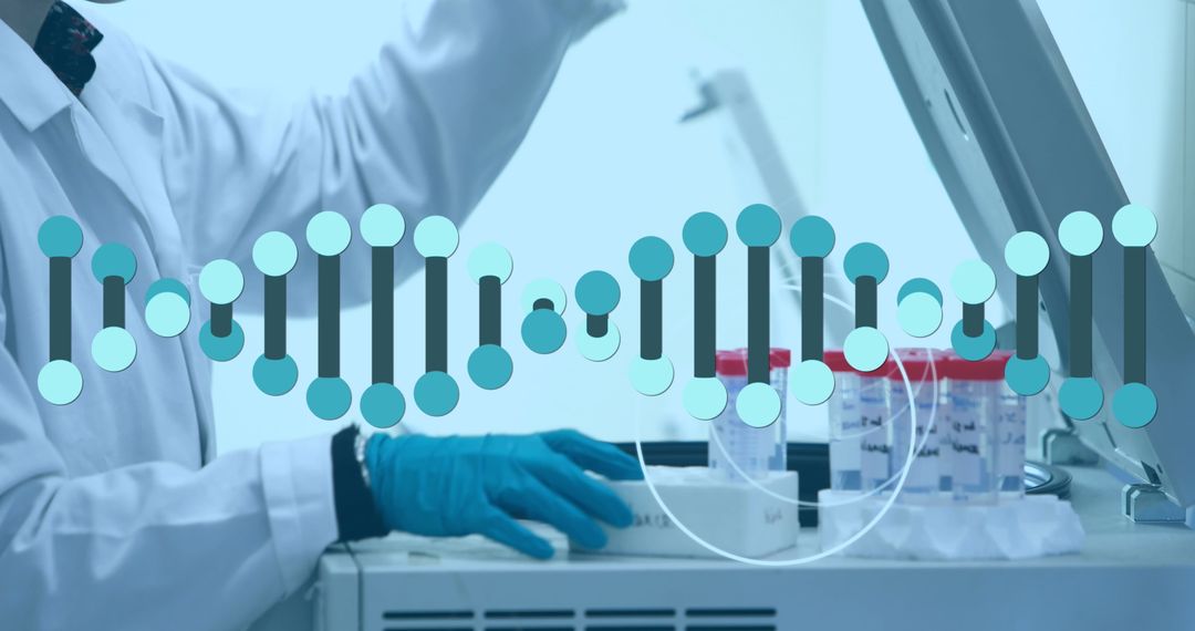 Scientist Handling Test Tubes with DNA Overlay