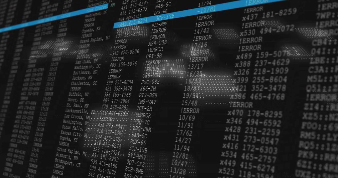 Control Console Displaying Error Logs with Blue Row Highlight and Dotted Globe Data Overlay