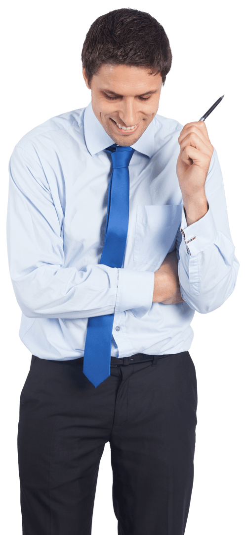 Transparent Businessman Smiling Holding Pen Isolated