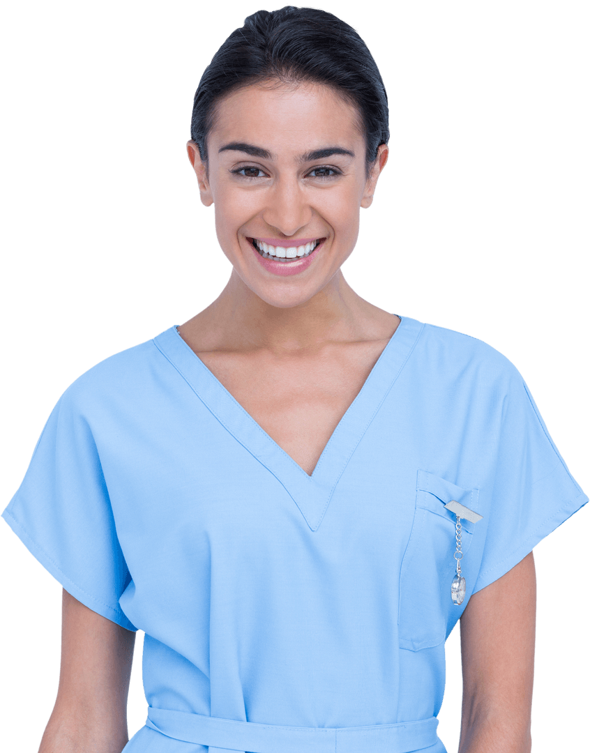 Smiling Transparent Nurse in Blue Scrubs with Name Tag