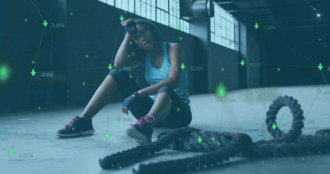 Exhausted Athlete and Digital Performance Analytics Overlay