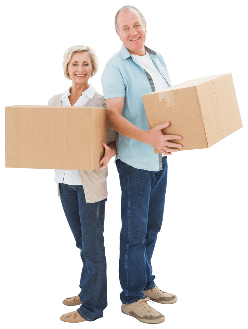 Smiling Senior Couple Holding Moving Boxes Transparent Background