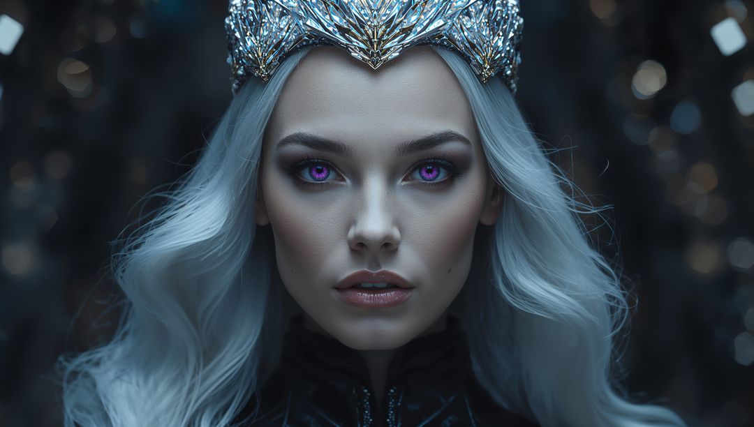 Mysterious Queen in Ornate Crown and Armor, Exuding Regal Elegance