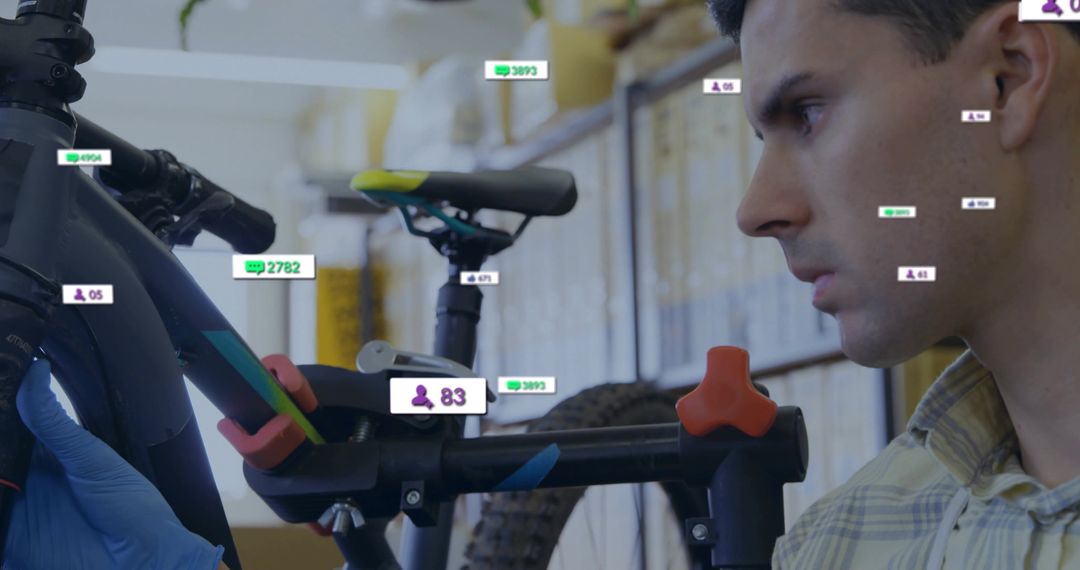 Mechanic Inspecting Bike with Data Overlays in Garage Workshop