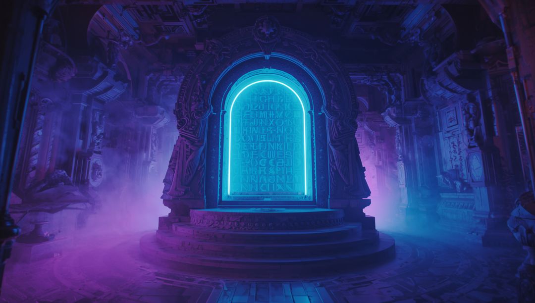 Glowing Mystical Arched Portal in Ancient Temple with Ethereal Purple Fog