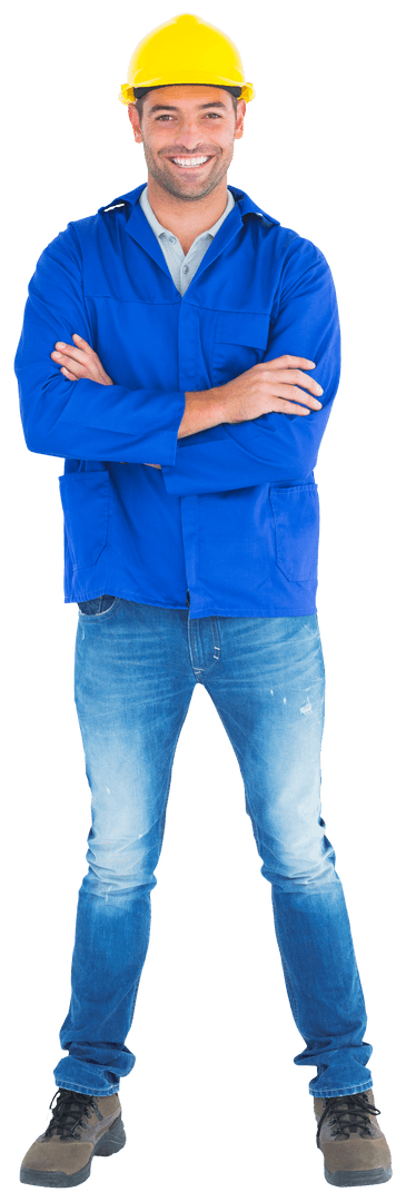Transparent Mechanic Smiling with Arms Crossed in Workwear