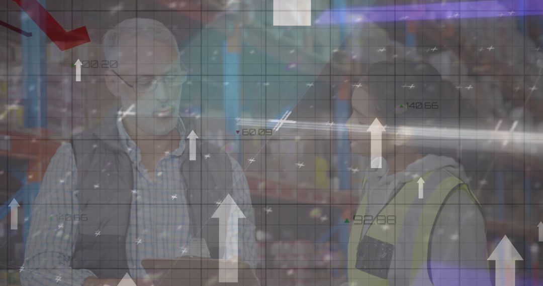 Warehouse Team Assessing Supply Chain Trends with Digital Interface