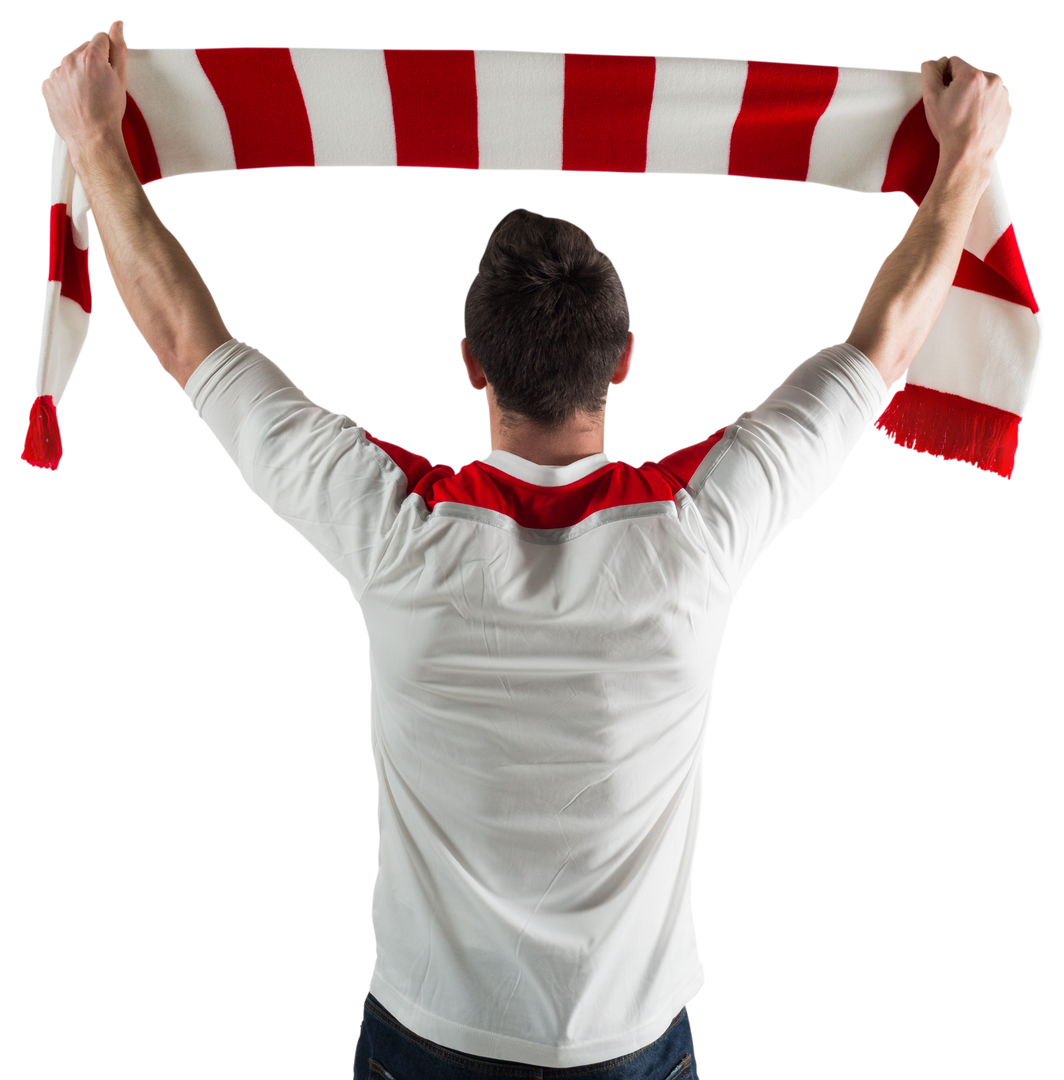 Transparent excited football fan cheering with red and white scarf - Download Free Stock Images Pikwizard.com