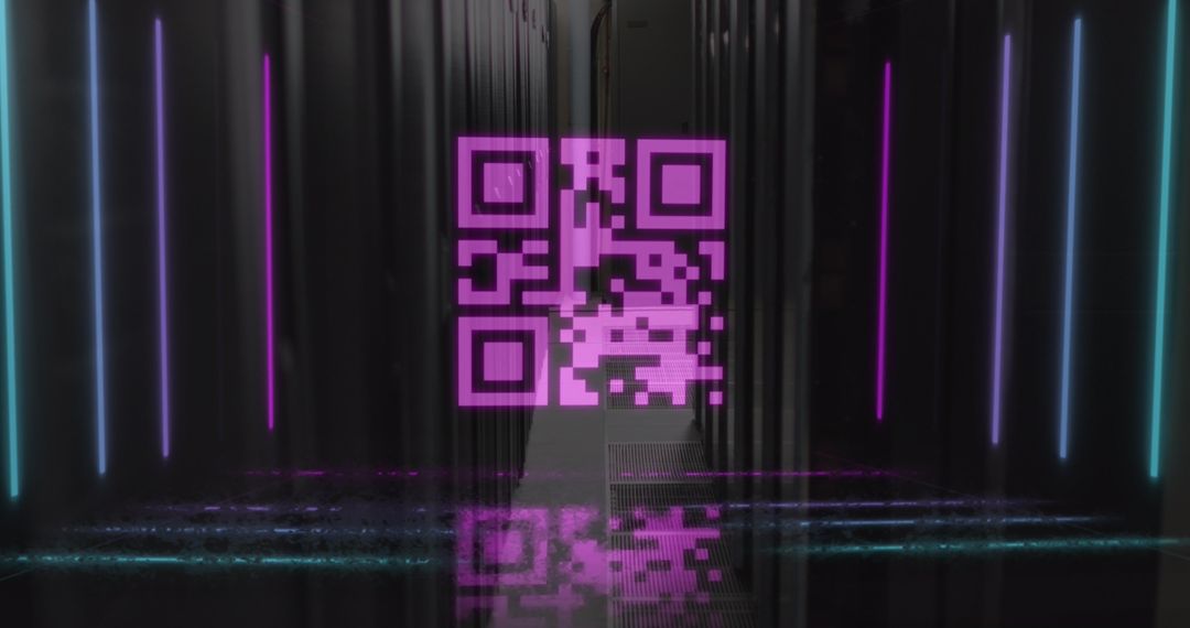 Illuminated QR Code with Futuristic Data Center Setup