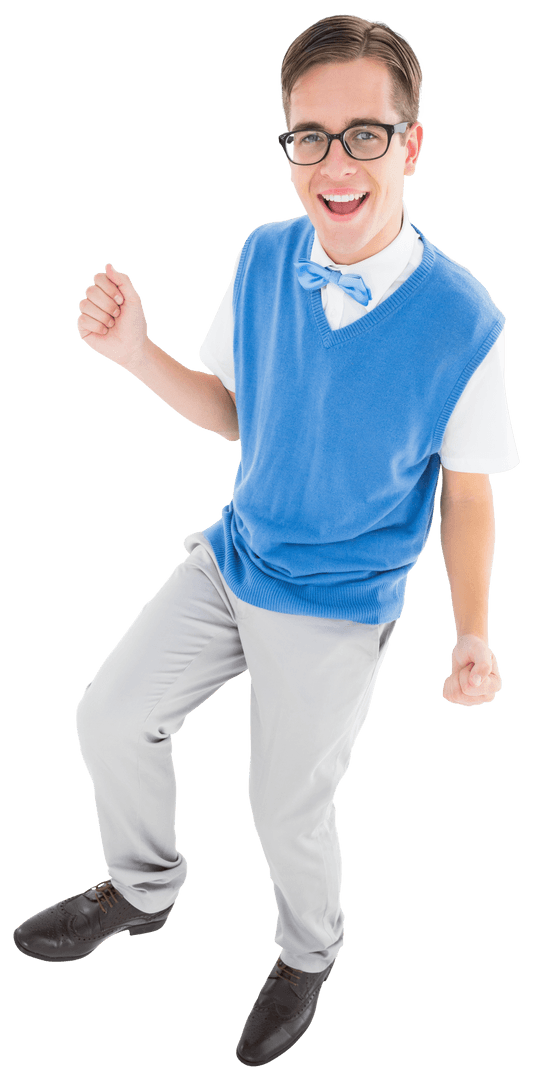 Transparent Geeky Hipster Dancing Enthusiastically in Blue Vest