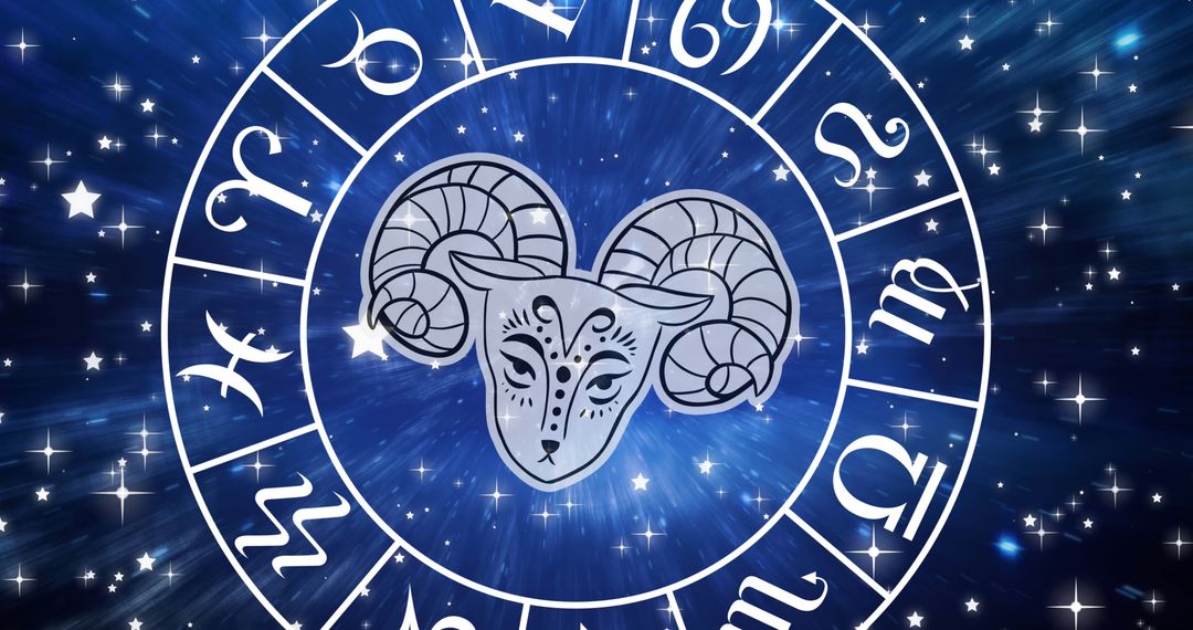 Aries Symbol in Spinning Zodiac Wheel with Starry Background