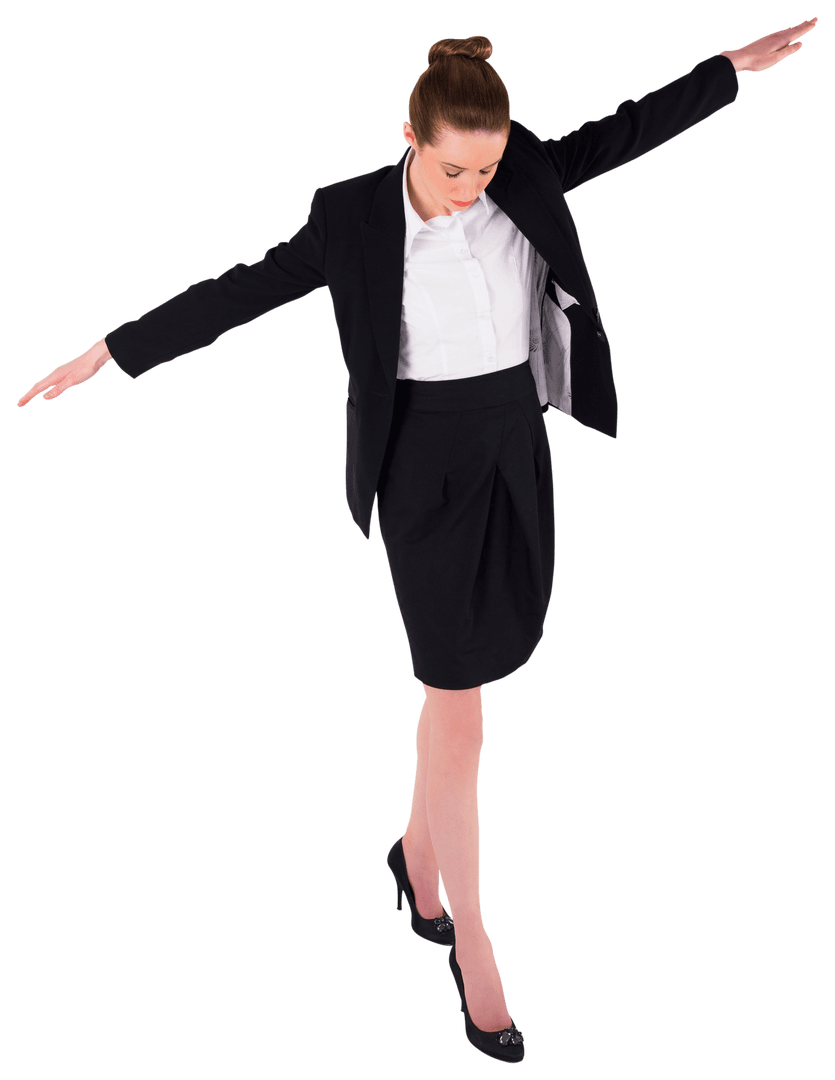 Confident Businesswoman Balancing in Formal Suit on Transparent Background