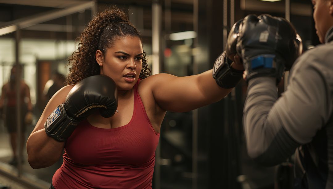 Focused Boxer Practicing Punches with Mitts at Gym