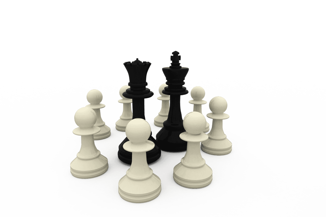 Transparent Chess King and Queen Surrounded by White Pawns