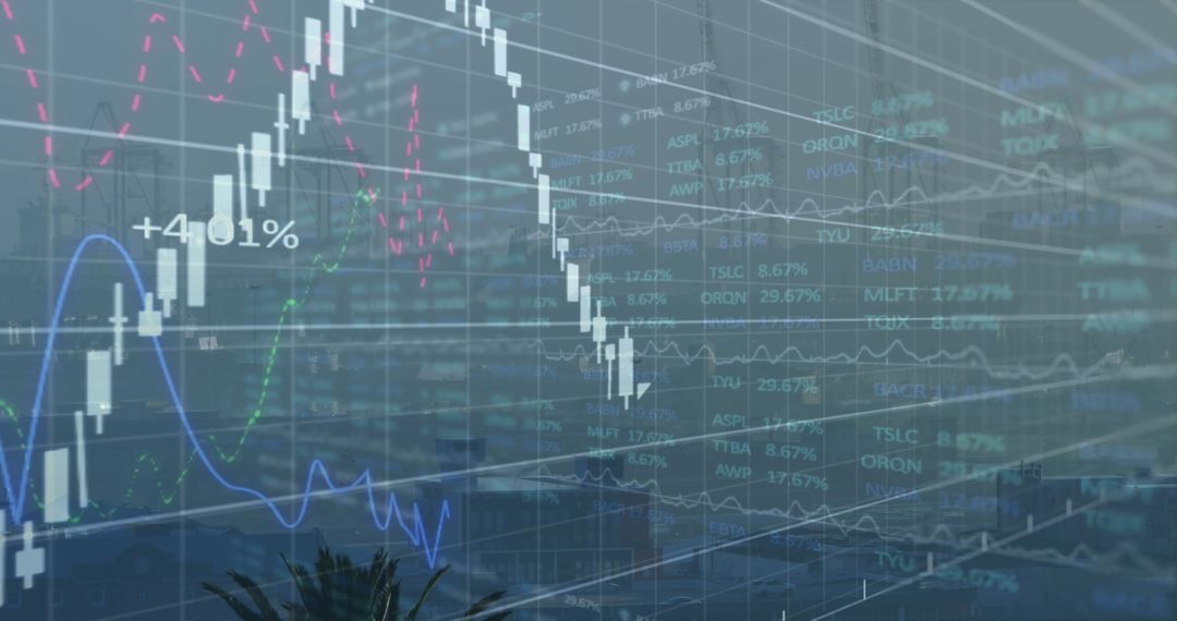 Abstract Financial Graphs Overlapping Urban Skyline