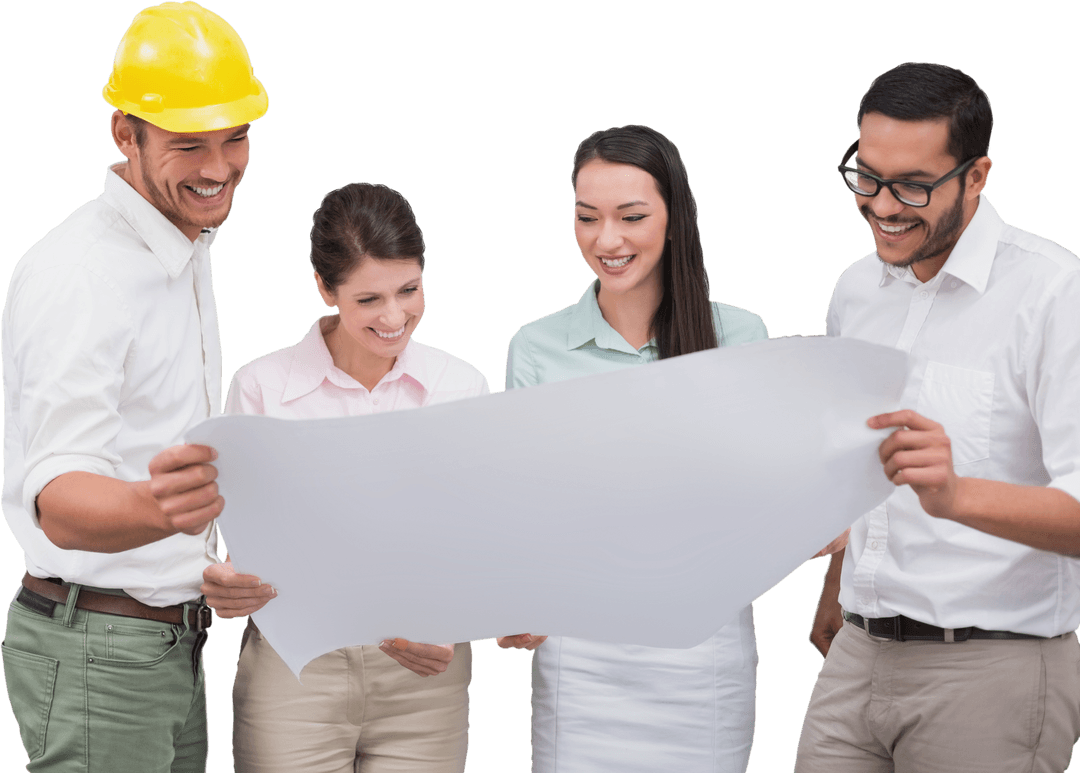 Transparent Architecture Team Reviewing Blueprints