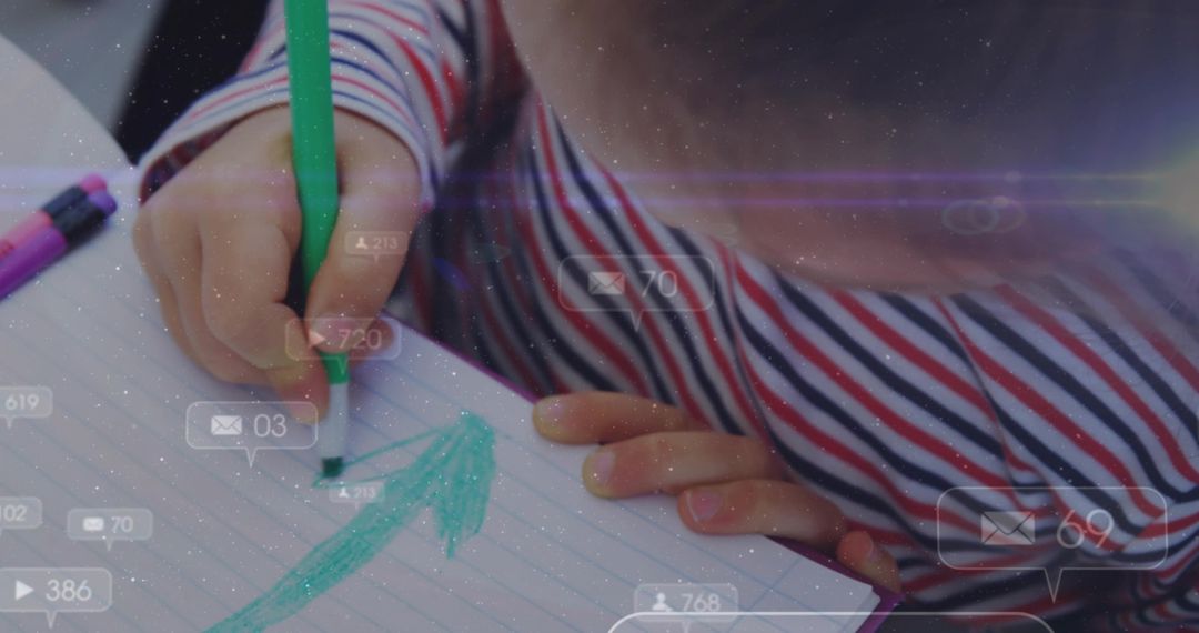 Child Drawing Arrow on Paper with Social Media Overlays