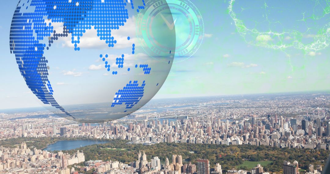 Digital Brain and Globe Over Cityscape with Clock Overlay