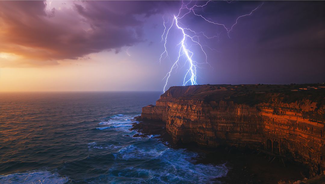 Dramatic Stormy Coastal Cliffs with Striking Lightning Under Moody Skies