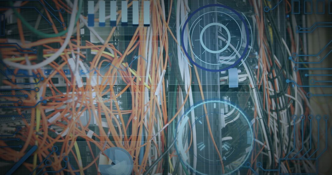 Intricate Network Cables Surrounded by Digital Interface