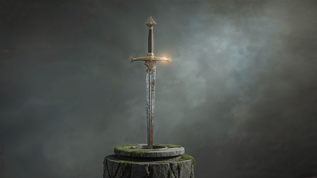 Ornate Longsword with Golden Hilt on Mystical Pedestal