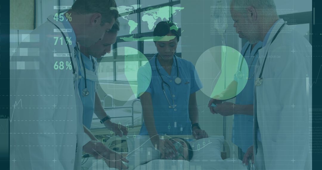 Team of Doctors Collaborating on Patient Care with Futuristic Data Interfaces