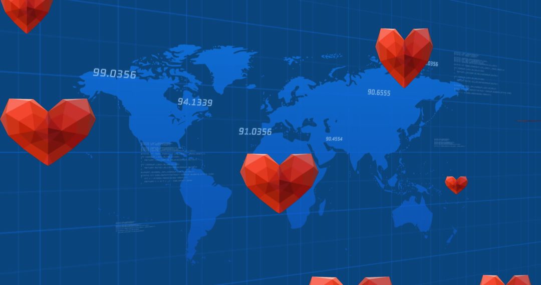 3D Red Hearts Above World Map with Digital Data Overlay