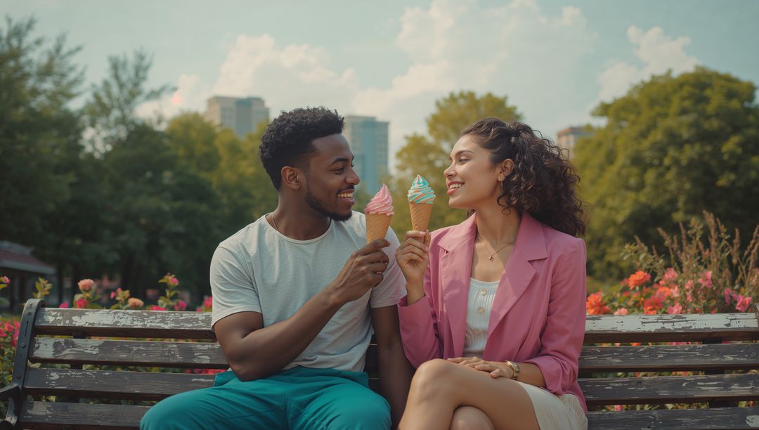 Joyful Couple Enjoying Ice Cream in Park