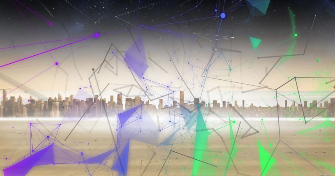 Digital Data Processing Over Futuristic Cityscape at Dawn