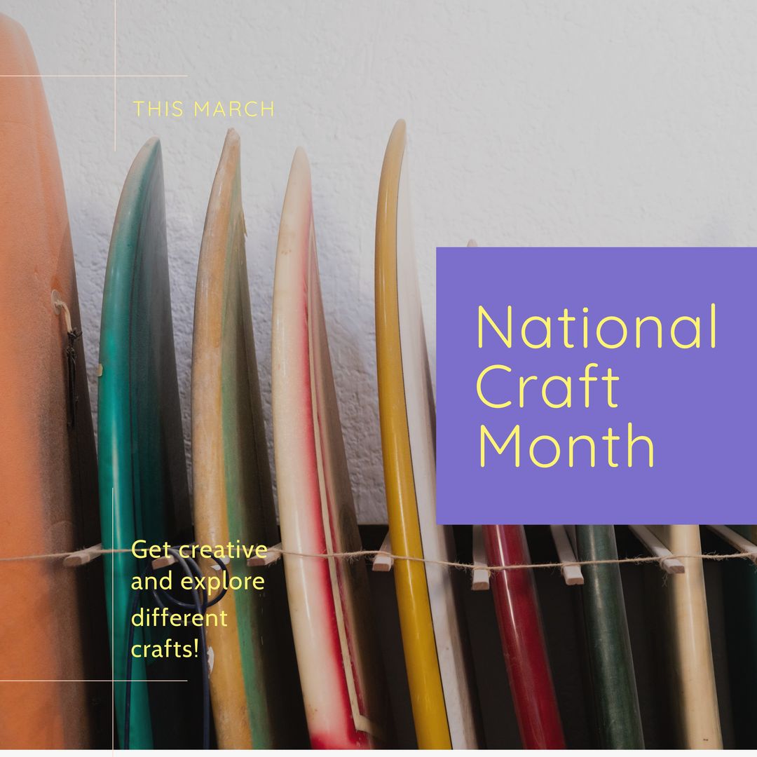 Composition of national craft month text over surfboards in workshop - Download Free Stock Templates Pikwizard.com
