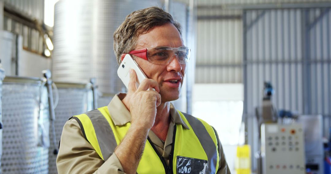 Industrial Worker Using Mobile Phone with Safety Gear in Factory - Free Images, Stock Photos and Pictures on Pikwizard.com