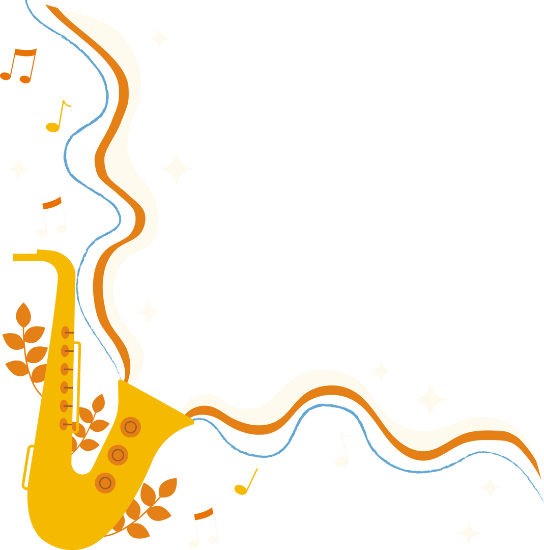 Abstract Vibrant Saxophone with Flowing Ribbons and Notes on Transparent Background
