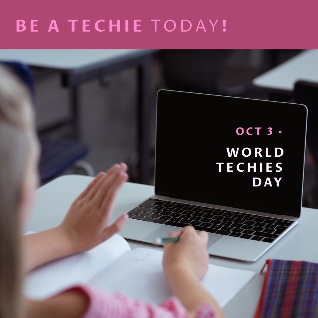 World Techies Day with Schoolgirl Using Laptop