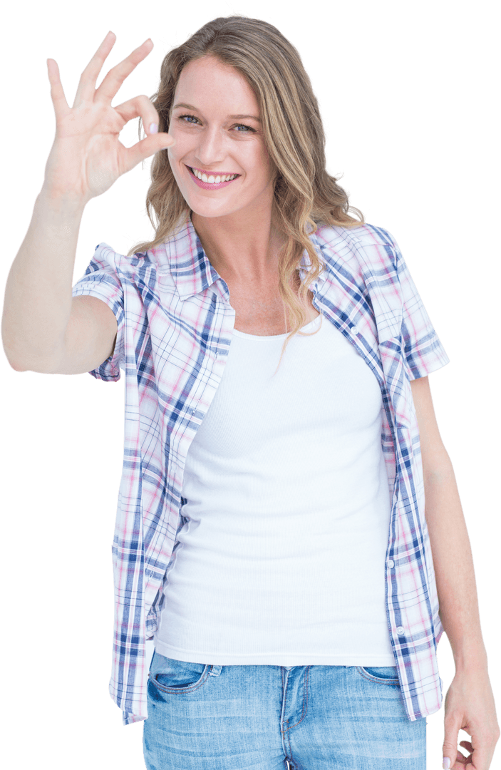 Smiling Woman Making OK Sign Transparent Background